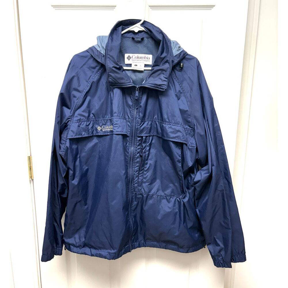 Columbia Jacket Navy Blue Water Resistant Shell, Venting, Zip Up, Hood, Size L
